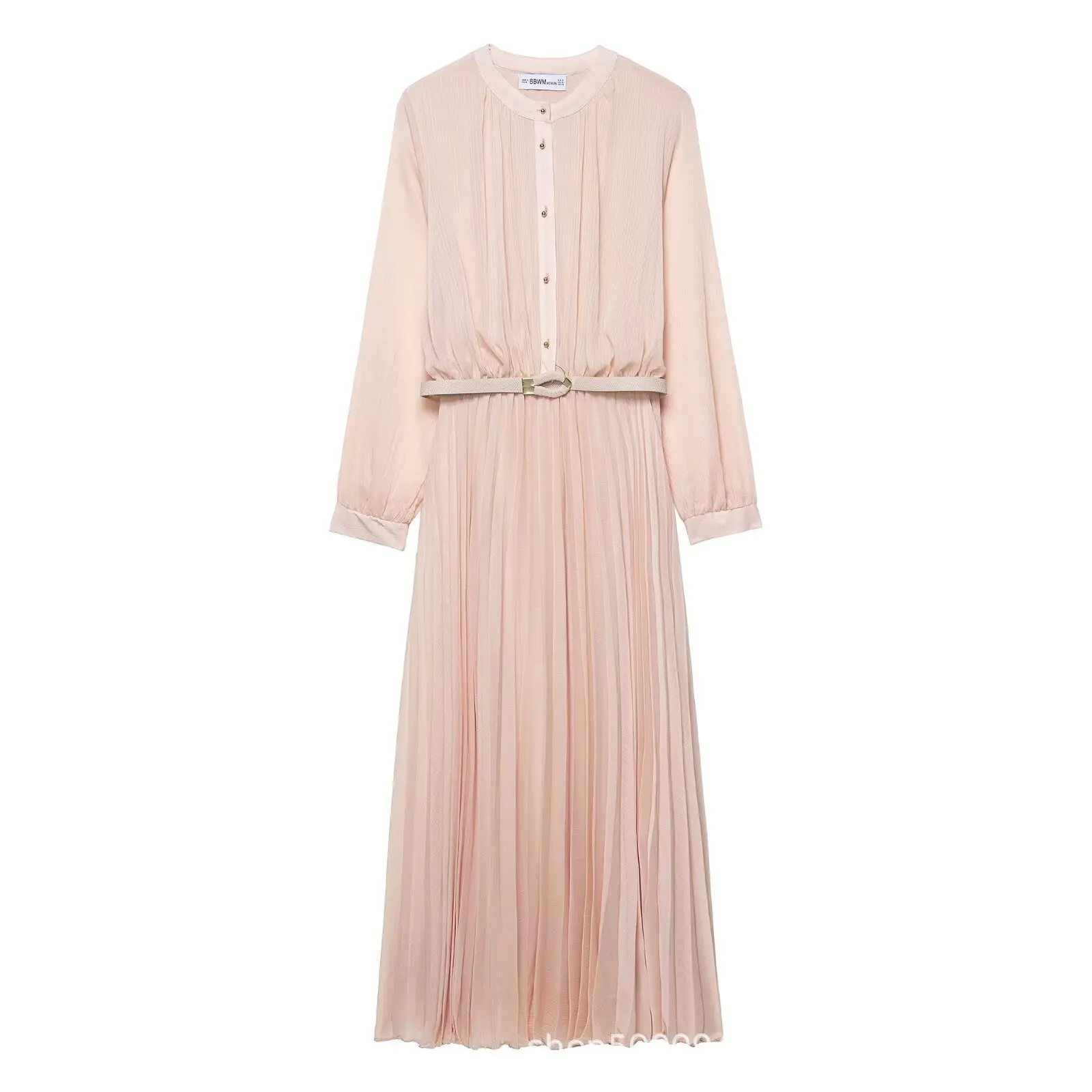 

Women's Autumn Style European Temperament Simple with Waistband Pleated Color Blocking Elegant Round Neck Single Breasted Dress