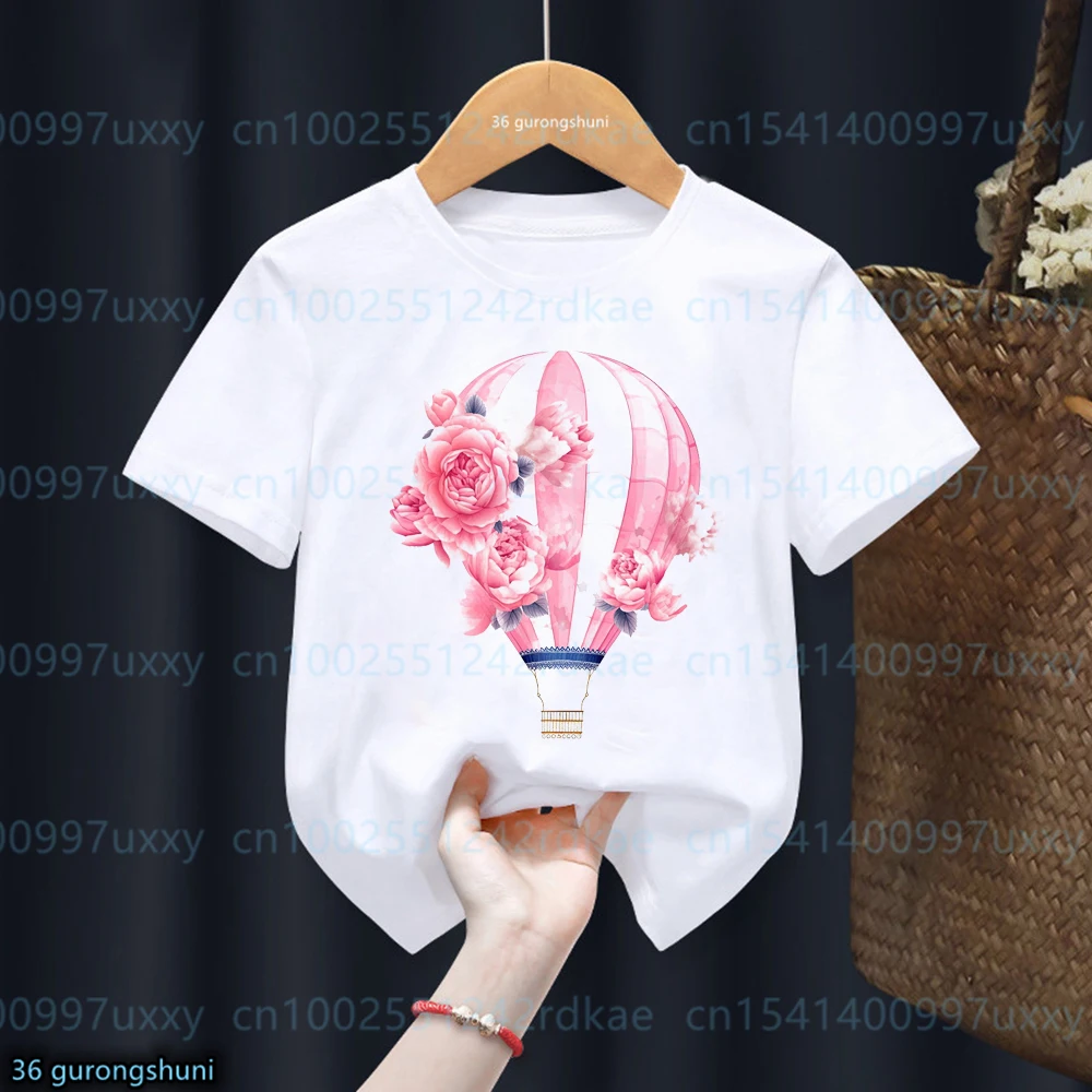 

Hot Air Balloon Floral Watercolor Graphic Print Tshirt For Girls Fashiona Girl Clothes White Pink Short Sleeved Cute Kids Tshirt