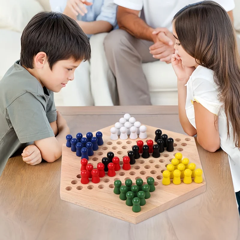 Embedded Wooden Hexagonal Checkers Chinese Checkers Set Strategy Family Game Pieces Cultivate Thinking Skills For Adults Kids