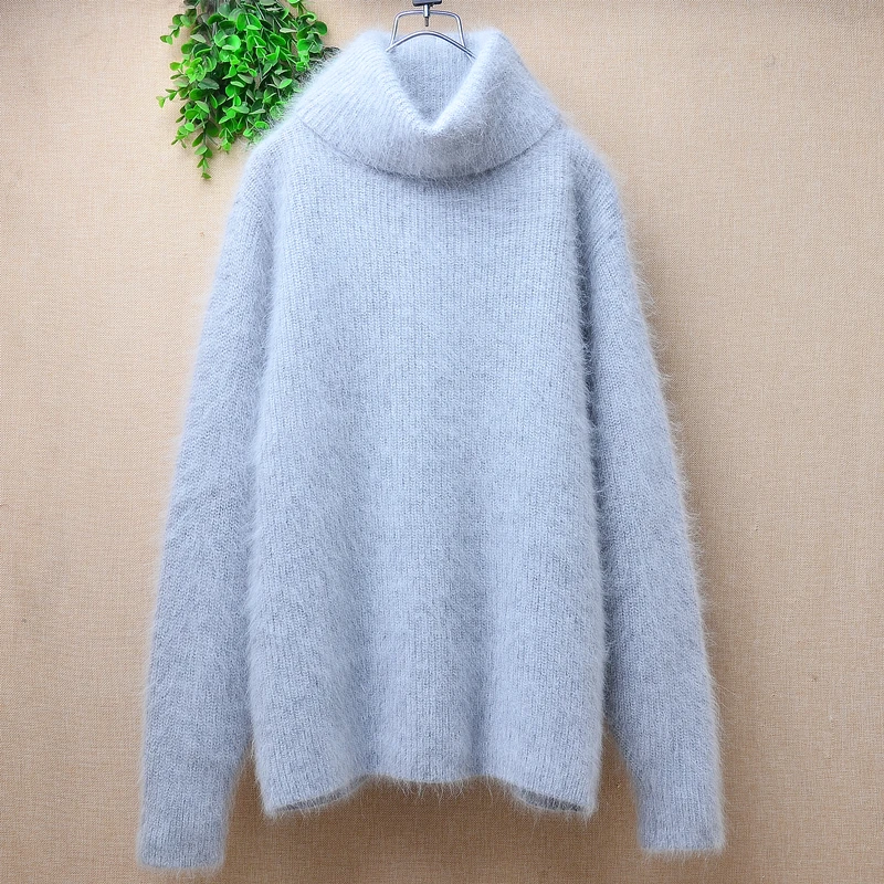 Women Mujer Autumn Winter Clothing Hairy Mink Cashmere Knitted Long Sleeves Turtleneck Loose Pullover Angora Fur Sweater Jumper