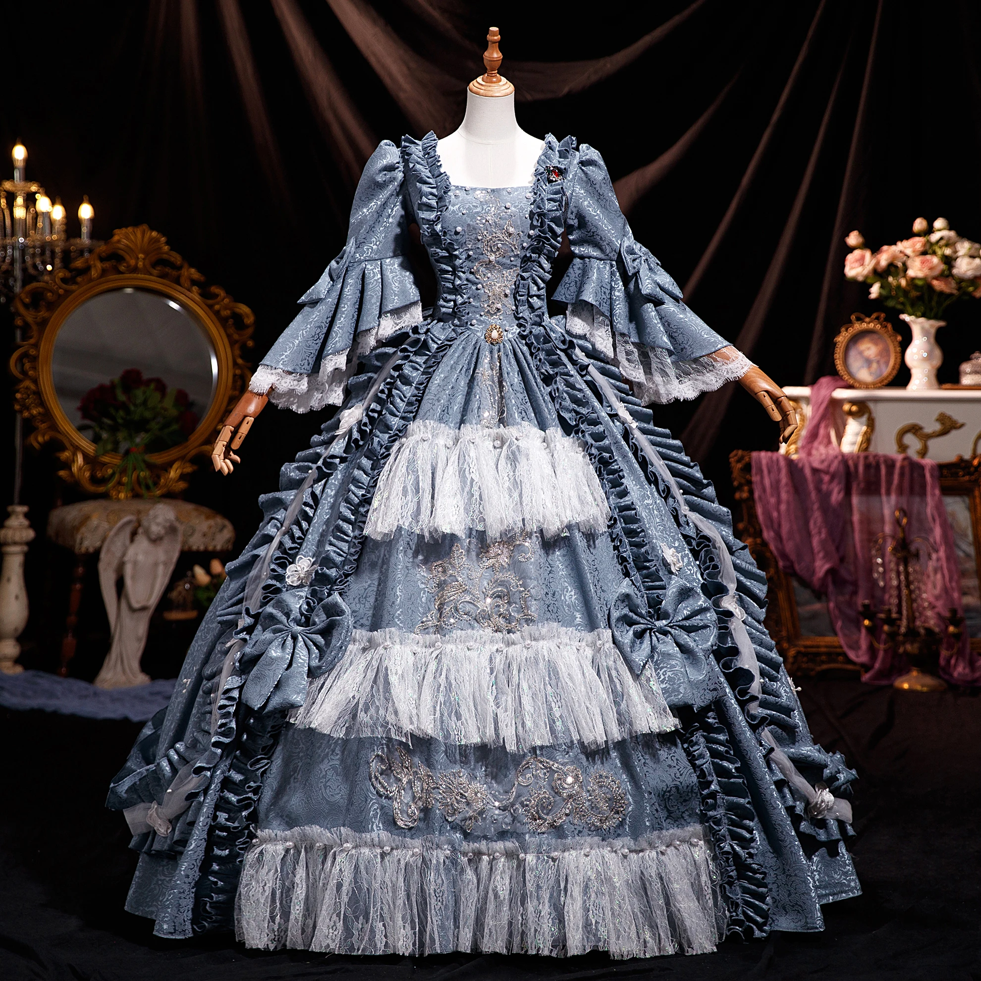 

Elegant Georgian-Era Satin Ballgown - Marie Antoinette Inspired Victorian Party Dress for Women