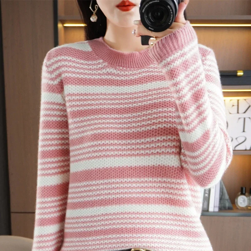 

Pop Autumn O-neck Sweater Women High Quality Knit Long Sleeve Top Fashion Striped Winter Female Basic Loose Warm Pullover Jumper