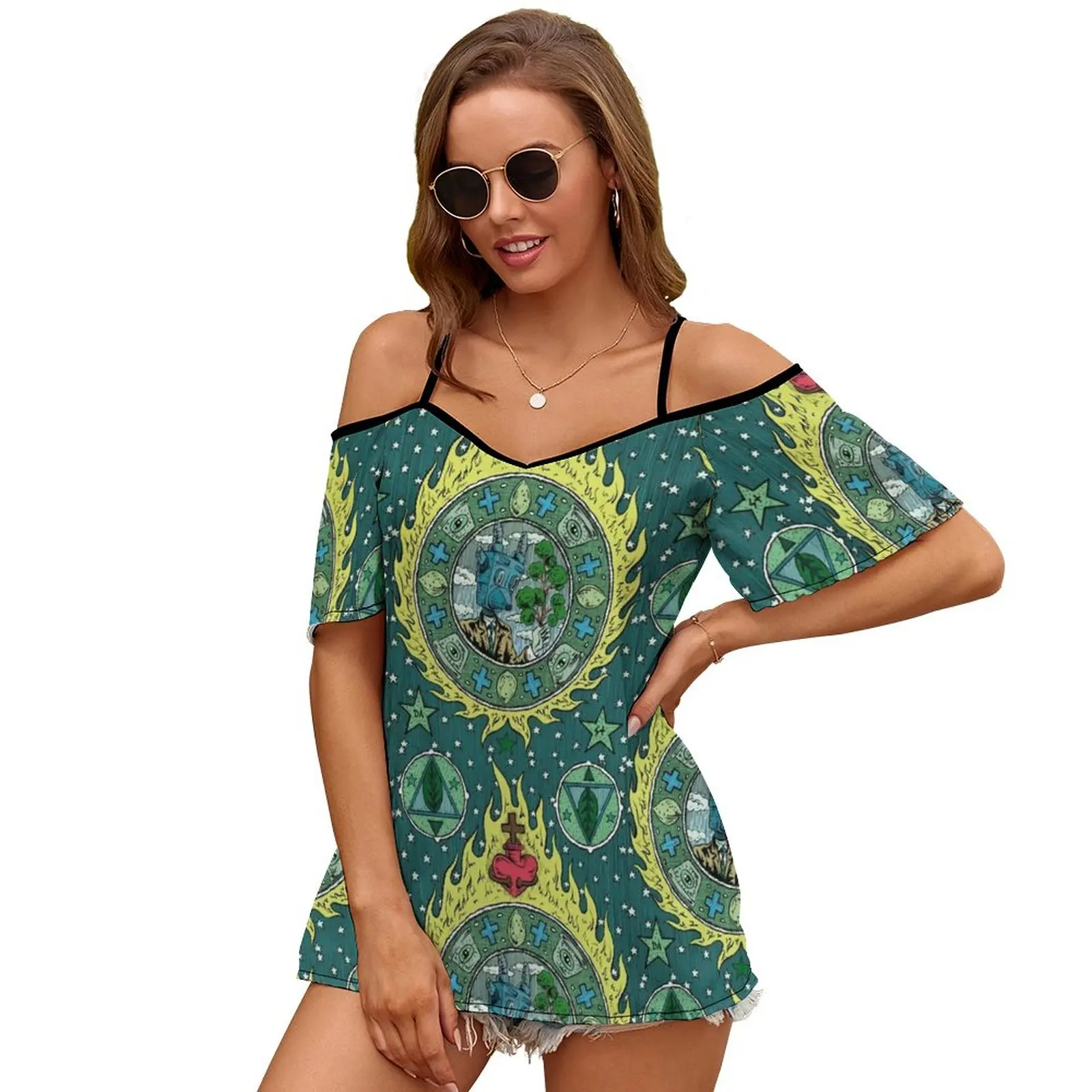 The Meeting Women Short Sleeve Tops O-Neck Hollow Out Shoulder Strap Tees Streetwear Dast Circle Simbols Fire Sacred Heart