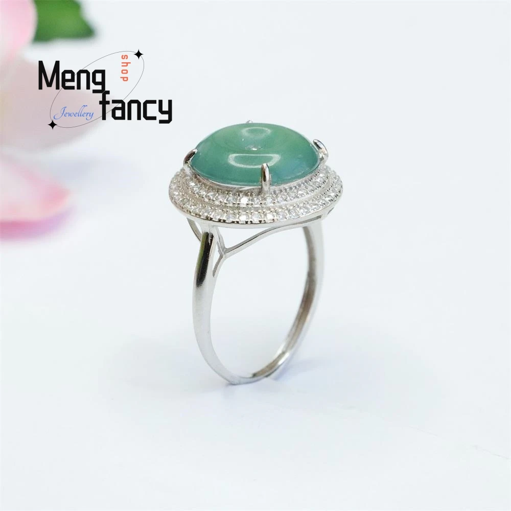 S925 Silver Lnlaid Natural Jadeite Ice Blue Horizontal Ann Buckle Ring Exquisite Elegant Charm High-grade Luxury Quality Jewelry