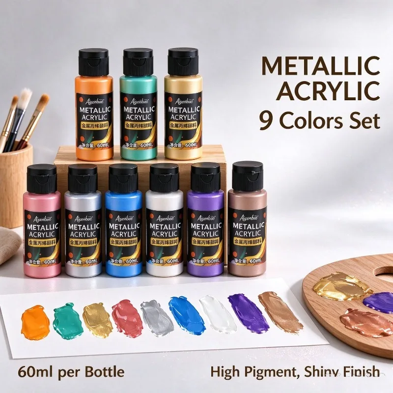 10 Colors Metallic Pearlescent Acrylic Paint Set 60ml Waterproof Gold Silver Pigment DIY Hand Painting Art Craft Supplies