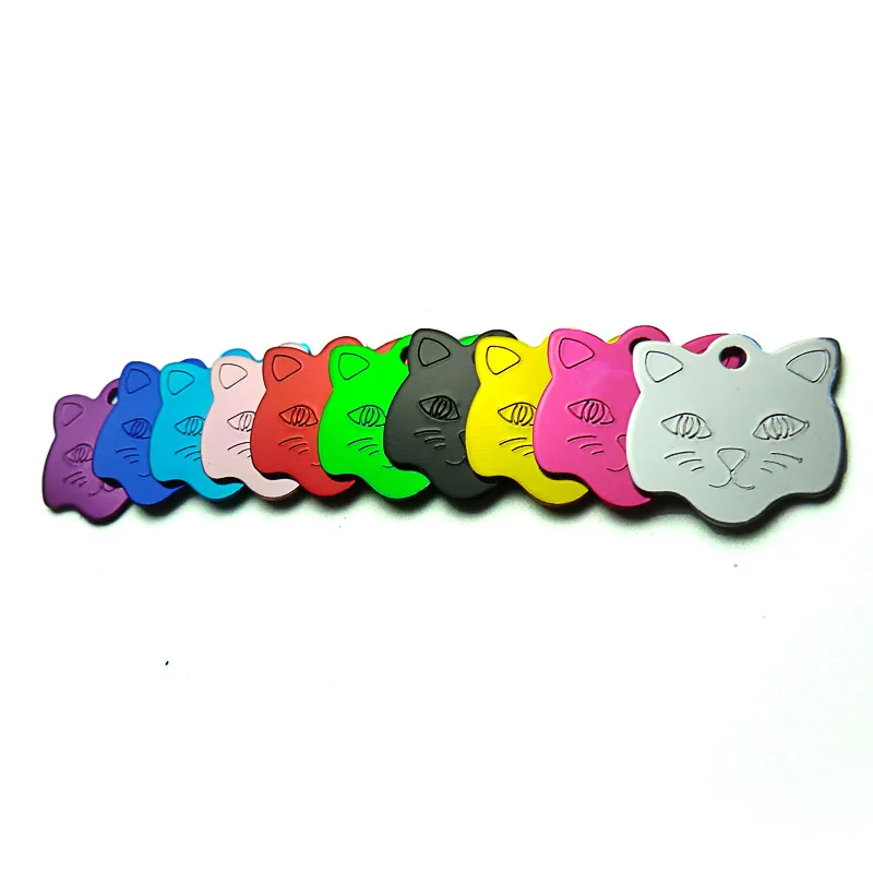 20Pcs Customized Engraved Dog Aluminum ID Tag Personalized Cat Face Shape Print Pet Name Plate Puppy Lable Phone No.