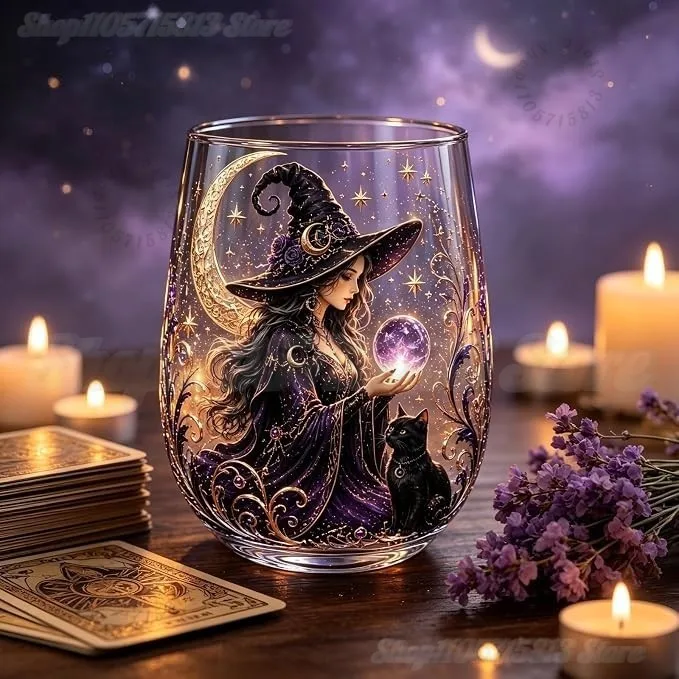 Witchy Fantasy Printed Stemless Glass Cup, Gothic Witch Cat Moon Star Pattern Wine Tumbler, Halloween Decor Glassware for Party