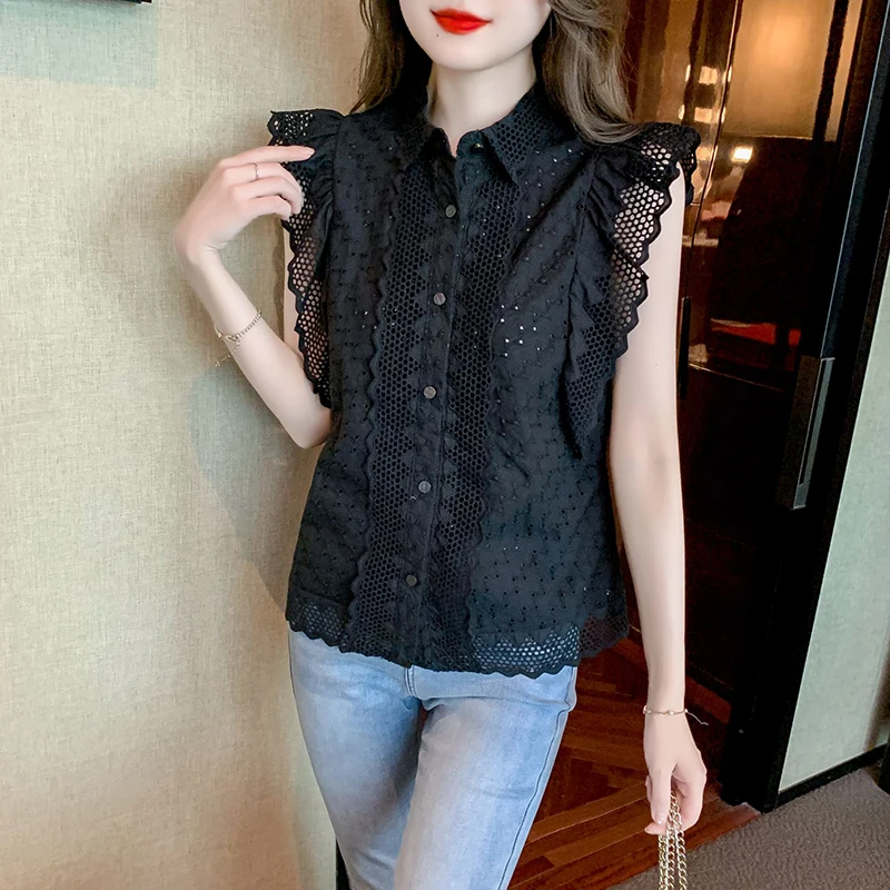 Elegant Fashion Flying Sleeve Blouses Women Korean Lace Hollow Out Blusas Mujer Summer Sleeveless Button Shirts Embroidery Tops