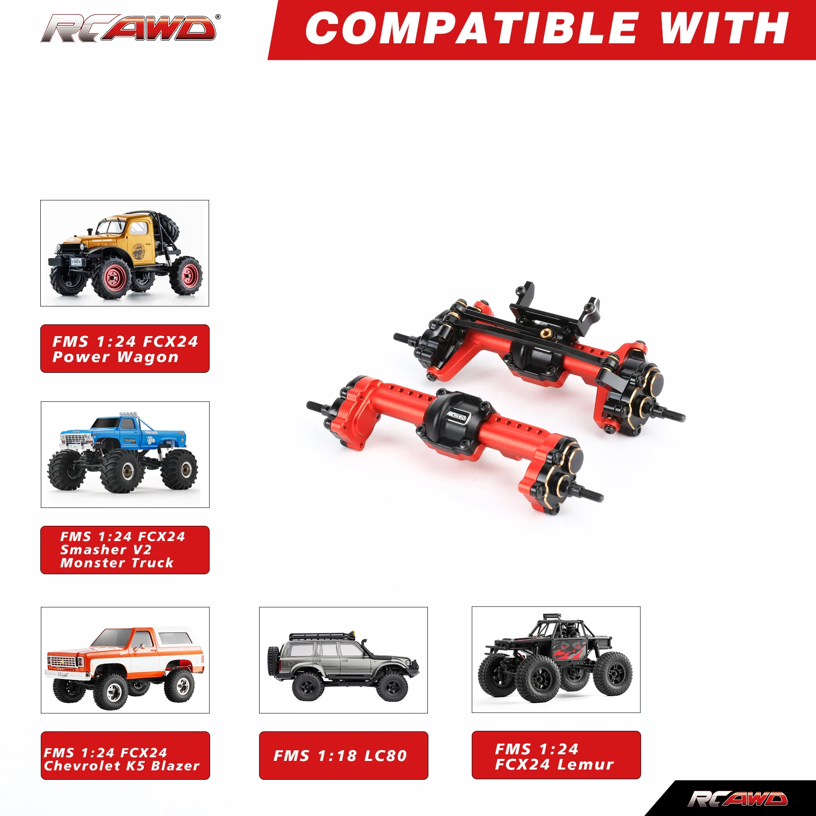 RCAWD Front Rear Differential Portal Axle Set Assembly with Diff Locker for FMS 1/24 FCX24 1/18 FCX18 LC80 Crawler Upgraded Part