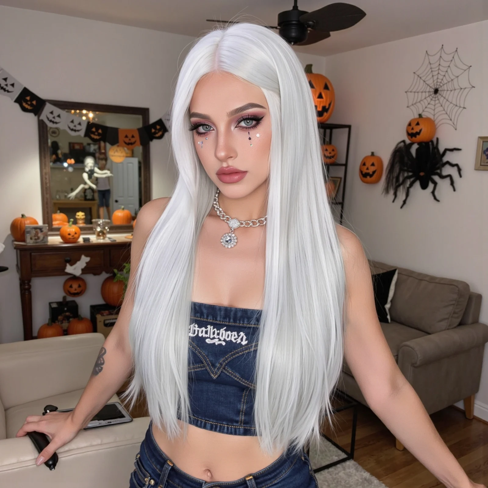 

Длинный прямой серебристо-белый синтетический парик на Хэллоуин, средняя часть, парики, гладкие искусственные волосы для женщин, косплей, вечерние, термостойкие