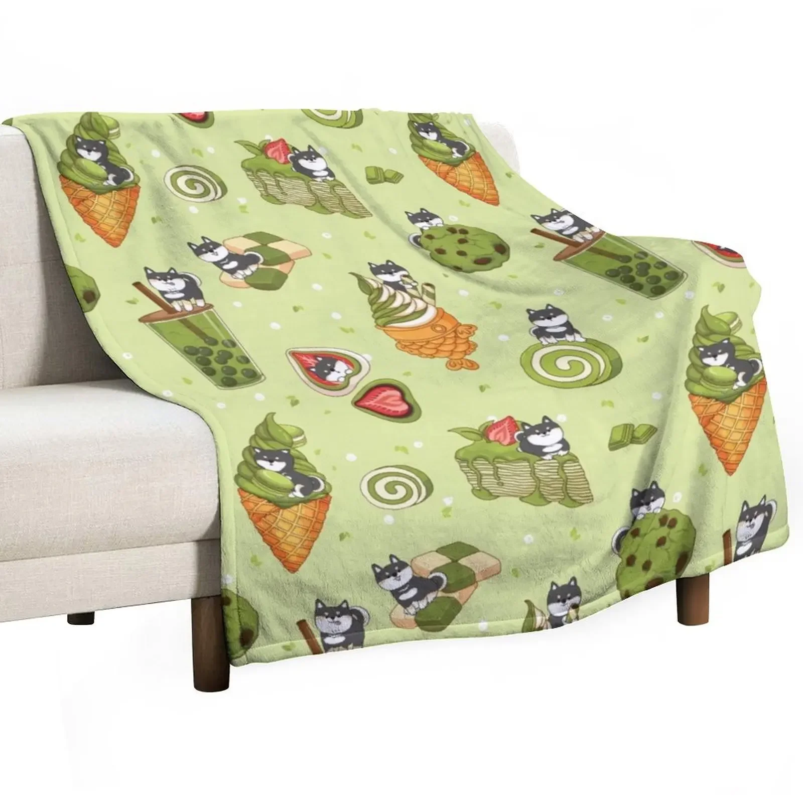 Black Shiba Inu with Japanese desserts - Green Throw Blanket Baby warm for winter Sofa Personalized Gift Blankets