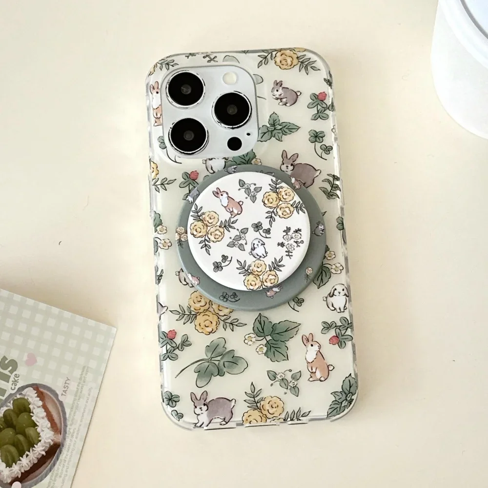 Чехол для телефона MagSafe с беспроводной зарядкой и рисунком кролика, магнитный кронштейн с деревенским цветком, подходит для iPhone 17, Samsung