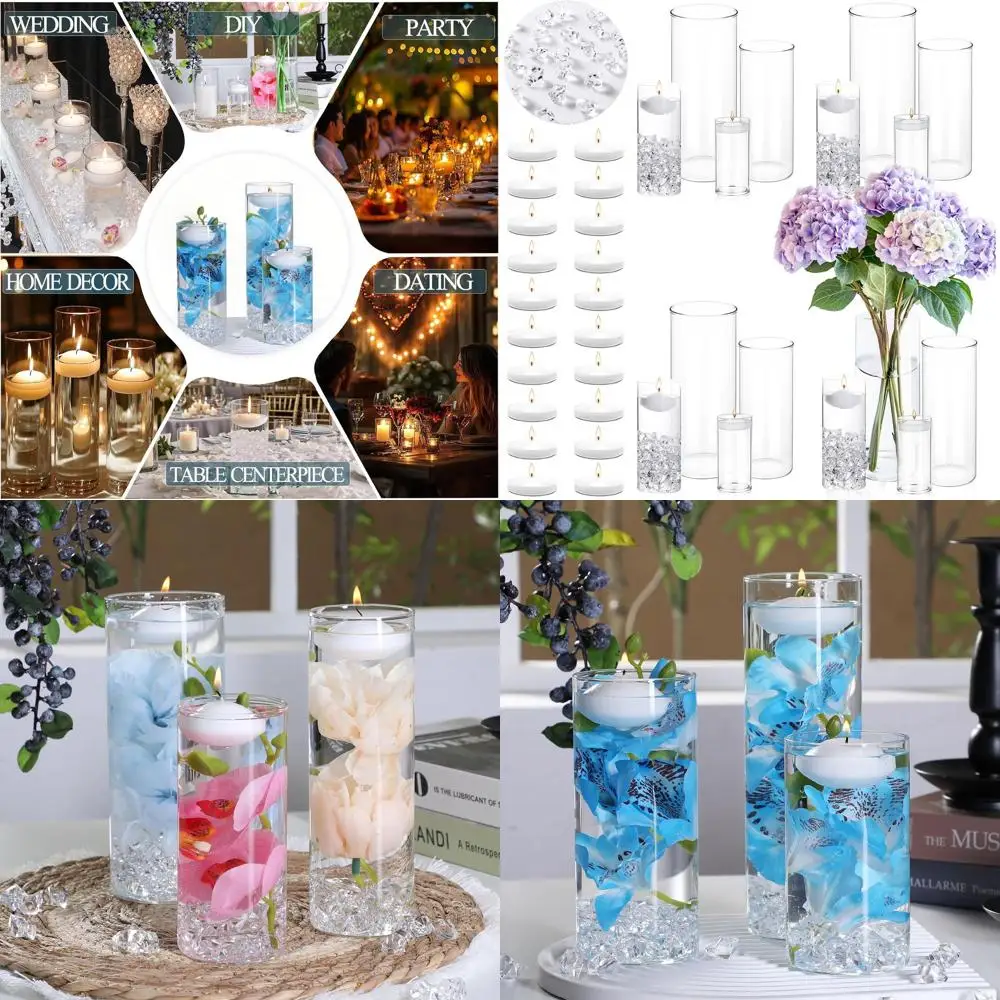 

20 White Floating Candles with 16 Glass Vases and 400 Acrylic Rocks for Elegant Table Centerpieces, Perfect for Parties and Wedd