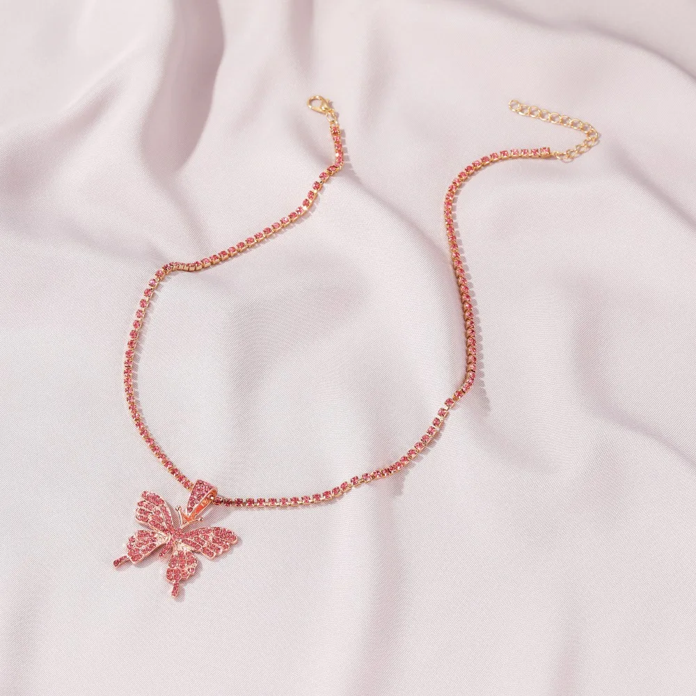 Punk Shiny Zircon Big Butterfly Pendant Necklace Hip Hop Thick Cuban Chains Choker Tennis Chain Necklace For Women Party Jewelry
