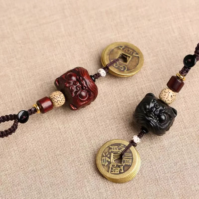 [Lion Running] Pterocarpus Santalinus Brass Qing Dynasty Five Emperors' Coins Lion Car Key Ring Pendant Blackwood P Lukcy Chamrs