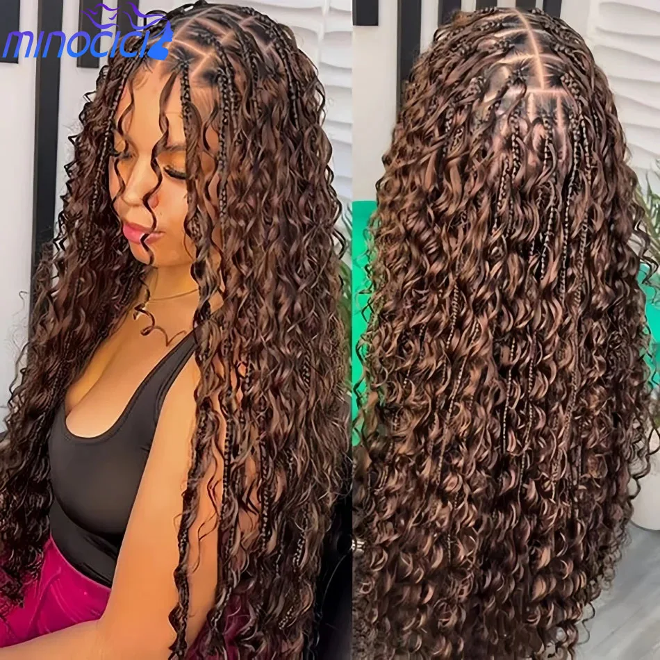 

Парик 360 Full Lace с косами в стиле бохо, глубокая волна, для объемного плетения, глубокие кудри, омбре-коричневый, парик на невидимой завязке, бразильский парик с кружевной передней частью