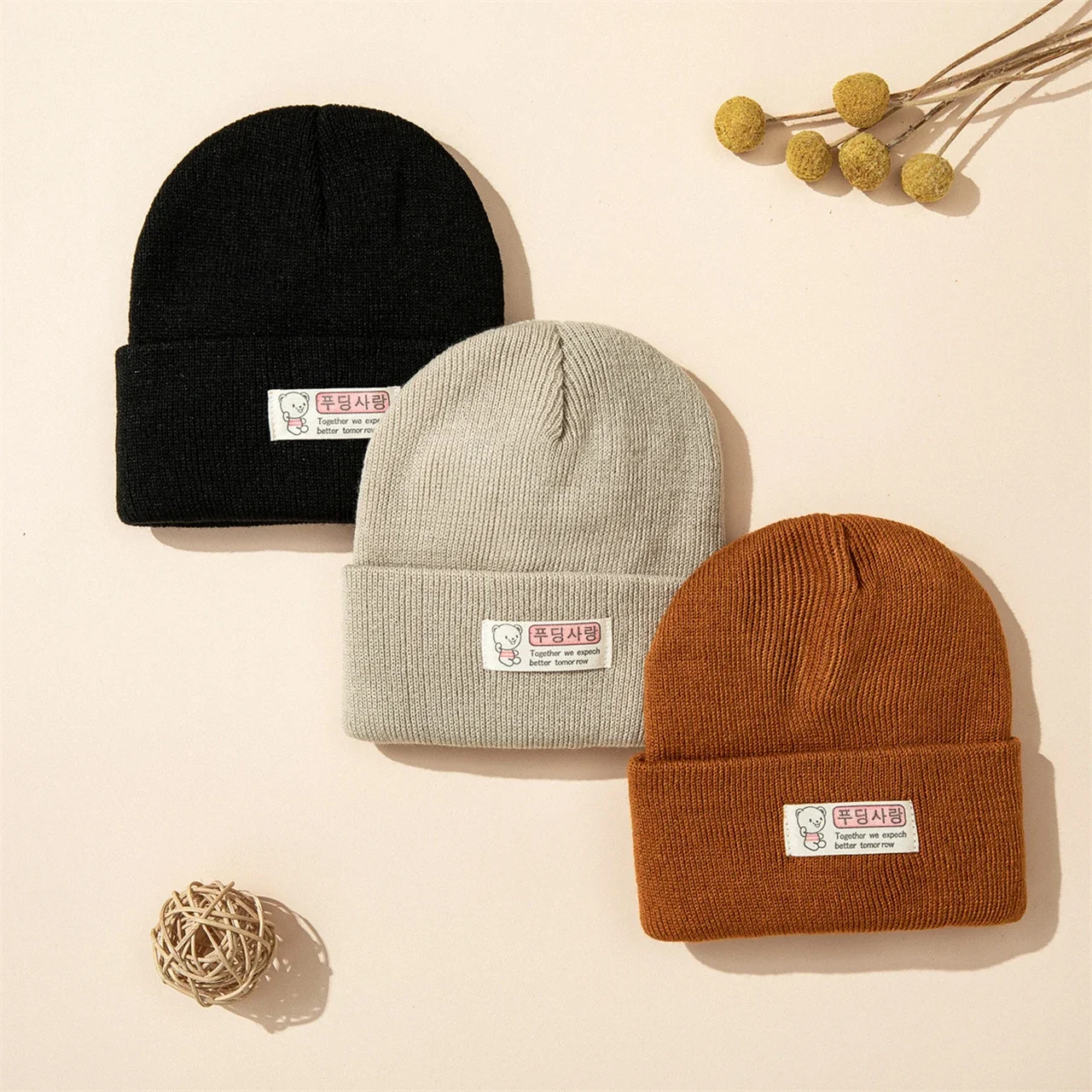 

Autumn Winter Baby Beanie Cap Cute Cartoon Label Newborn Infant Pullover Hat Solid Color Soft Knitted Warm Hats