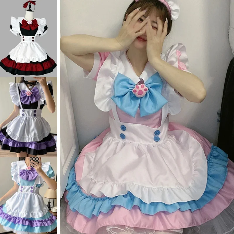 Women maid dress anime cosplay lolita dress costumes kawaii bow knot pink maid apron costume cat girls party Halloween dresses