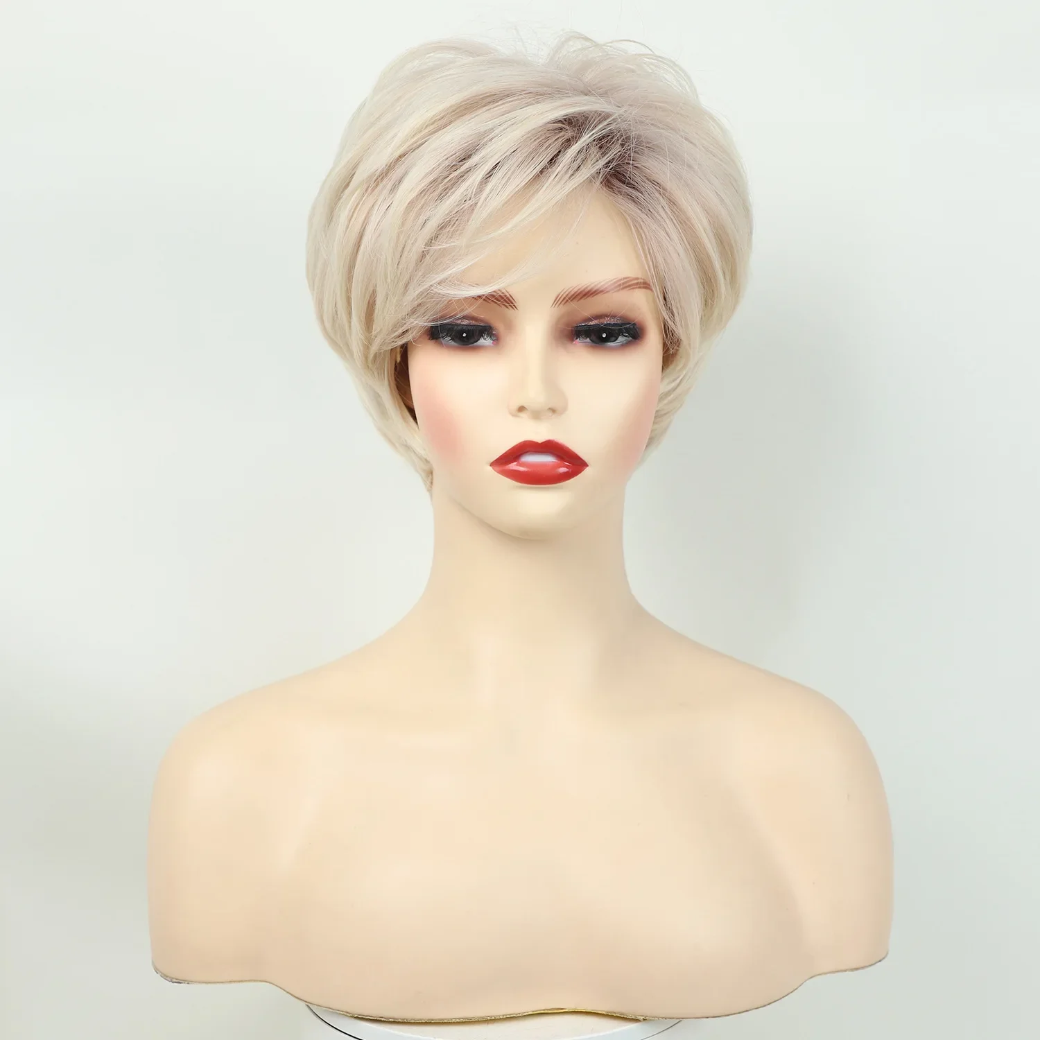 Short Pixie Cut Curly Blonde Wig with Bangs Synthetic Hair for Women Daily Wear Fake Hair Heat Resistant