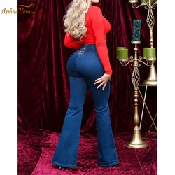 High Waist Flared Women Loose Wide Leg Denim Pants Causal Jeans Slim Fit Full Length Female Elastic Trousers