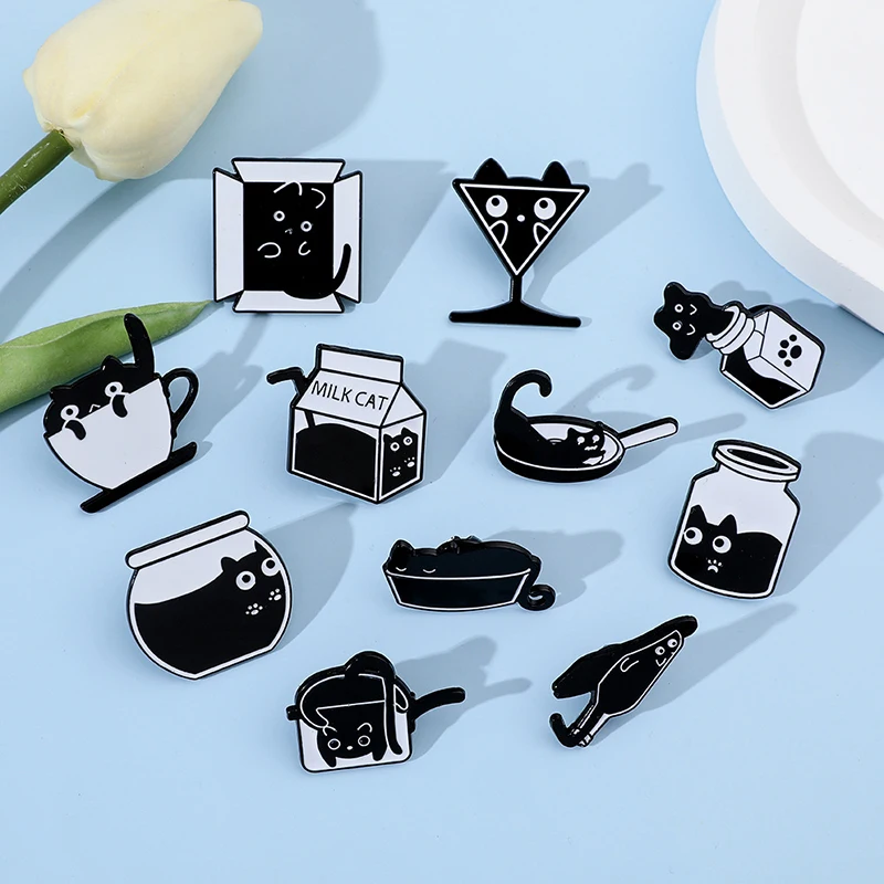 Cartoon funny little black cat PIN fish tank kitten cute cup cat black cat brooch