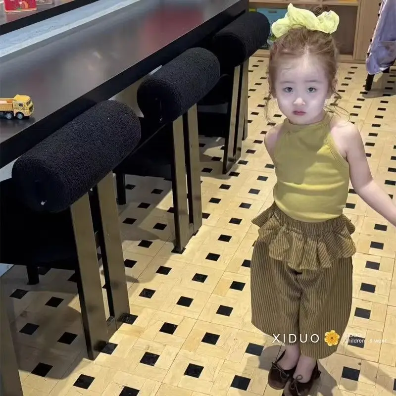 

Girls Suit 2025 Summer New Childrens Clothing Korean Girl Baby Suspender Vest Fart Curtain Lace Pants Two Sets of Casual Simple