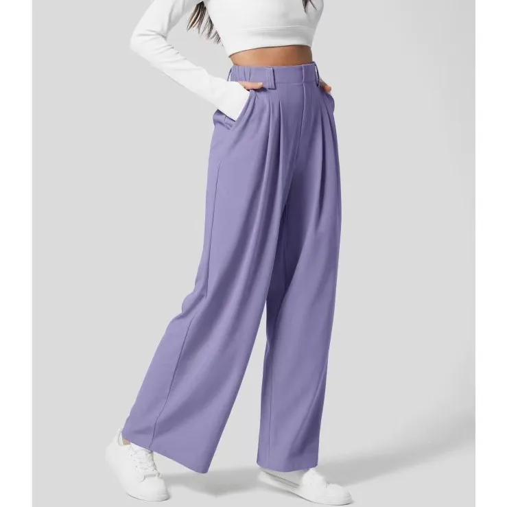 Women Summer High Waist Wide Leg Elegant Loose Office Pants Soft Thin Straight Trousers Casual Chic-Spliced Full Length Trousers