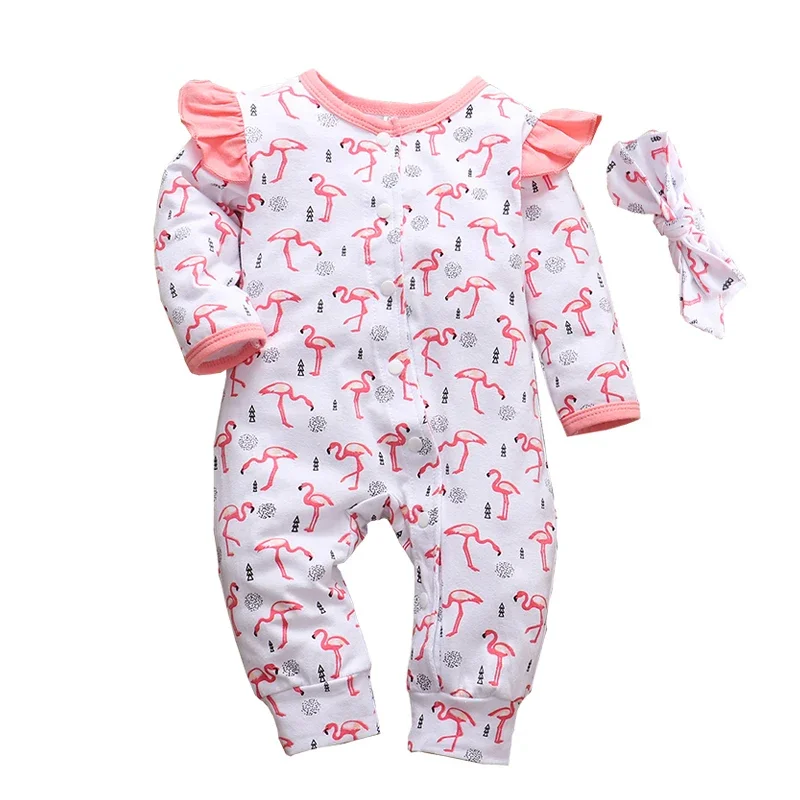 

Adorable 2Pcs Baby Girls Long Sleeve Romper Cotton Ruffle Sets Flamingo Print Jumpsuit Headband Newborn Clothes Princess Outfits