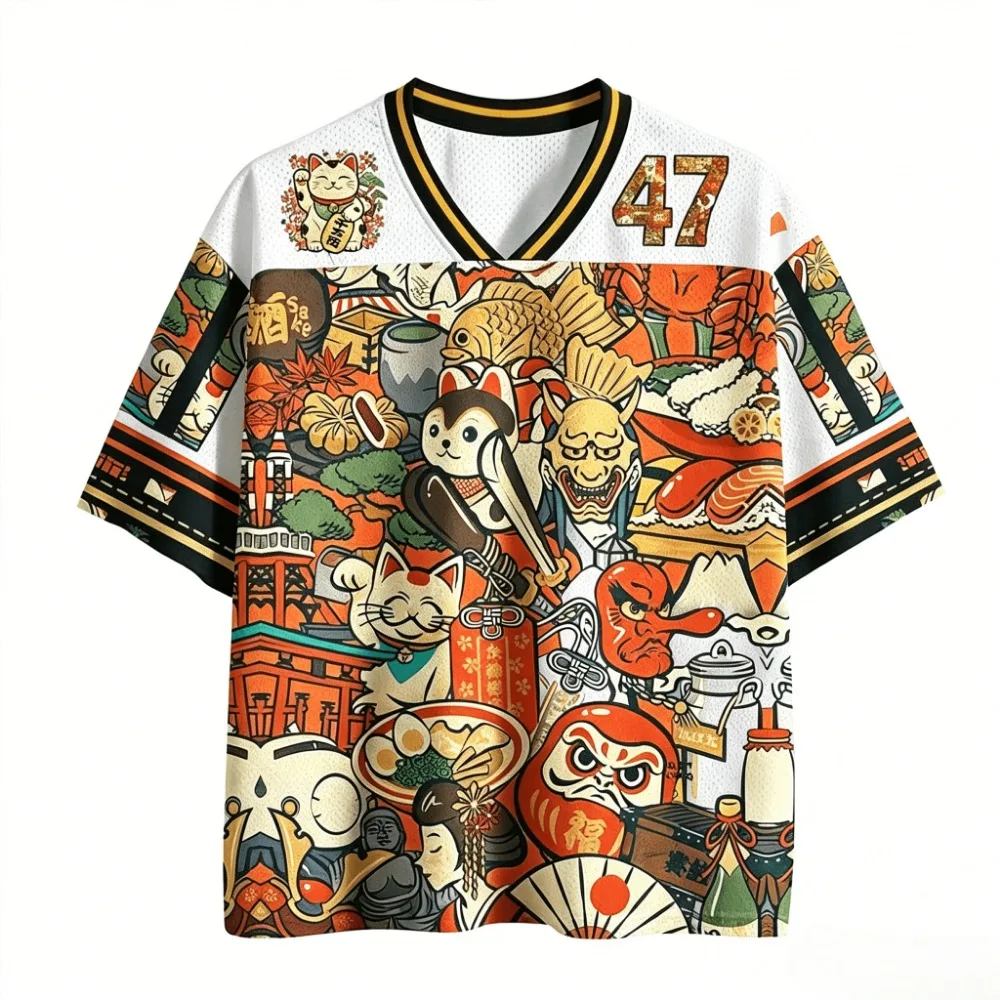 2026Summer Japanese Ukiyo-e Lucky Cat Da Mao 3D Print Breatha Quick-dry Men's V-neck T-shirt Retro Fashion Parent-child Clothing