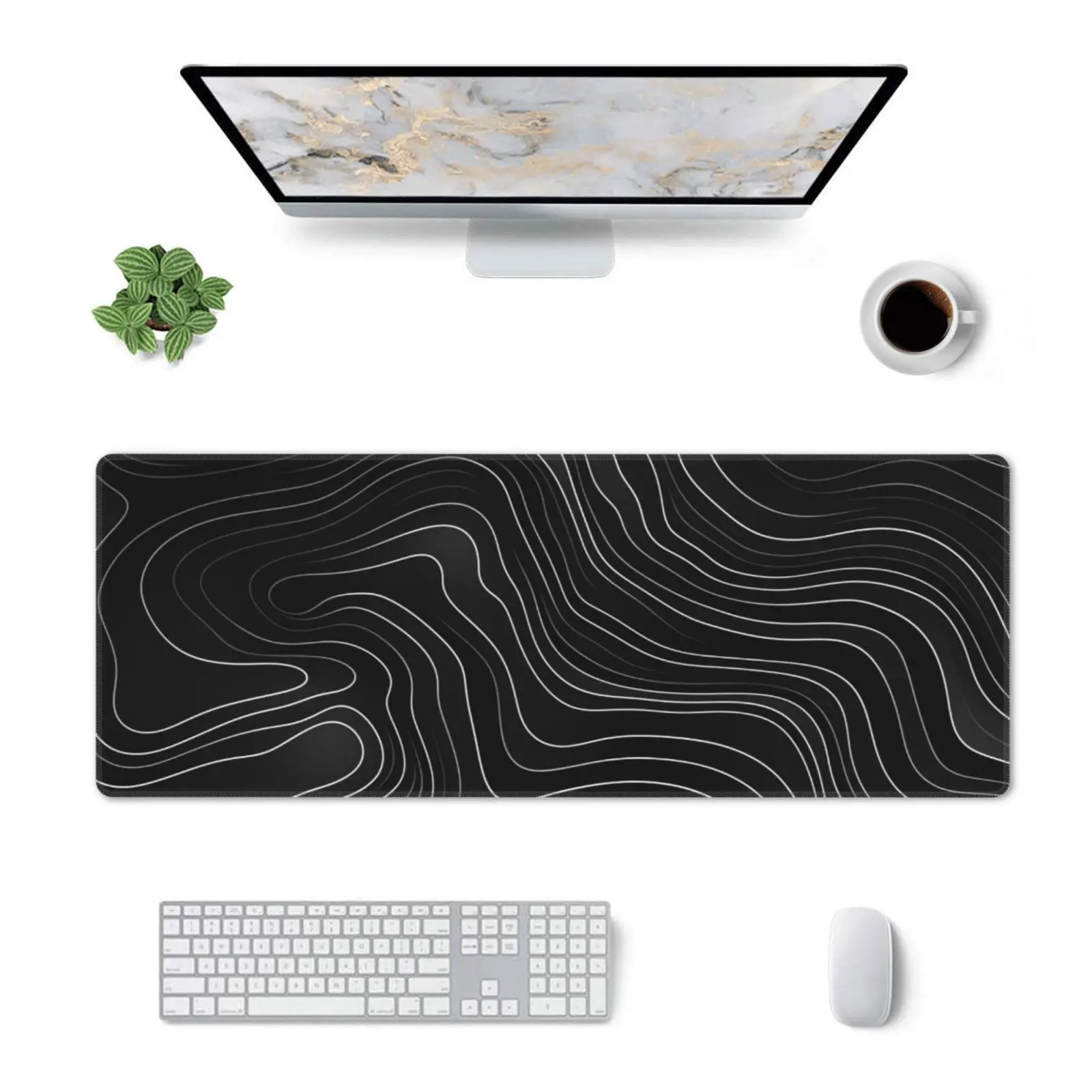 Gaming Mouse Pad Topographic Map Black Non-Slip Rubber Base Mousepad with Stitched Edges Keyboard Laptop Mat for Gamer Desktop