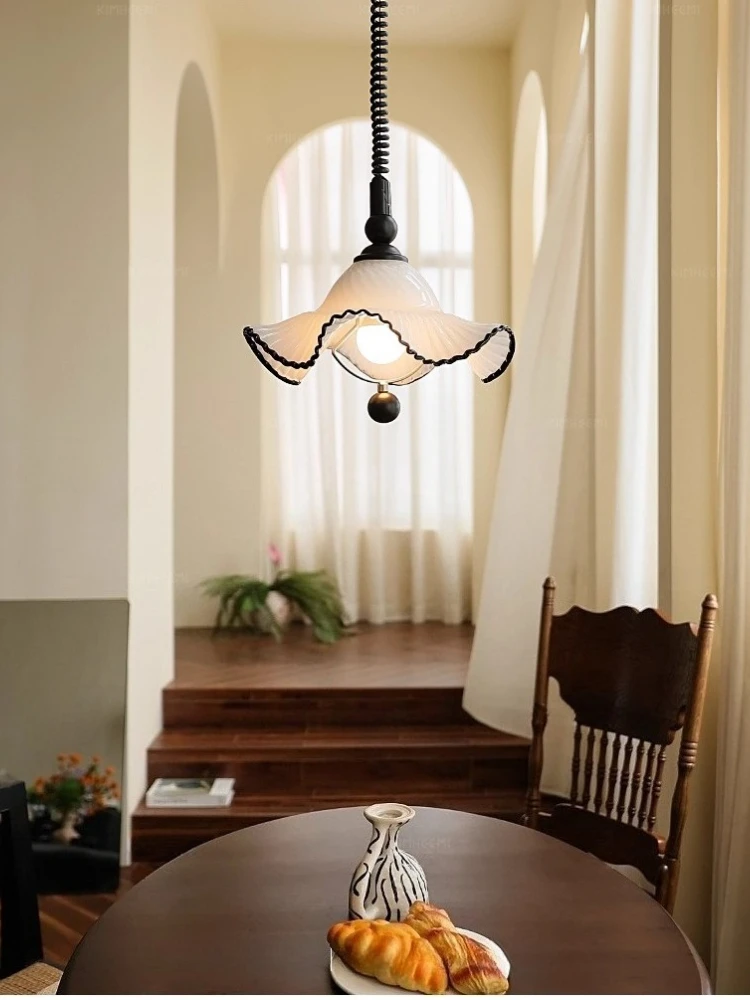 French medieval glass bedroom lamp, fluffy skirt, bar counter pendant lamp, wave shaped homestay restaurant pendant lamp