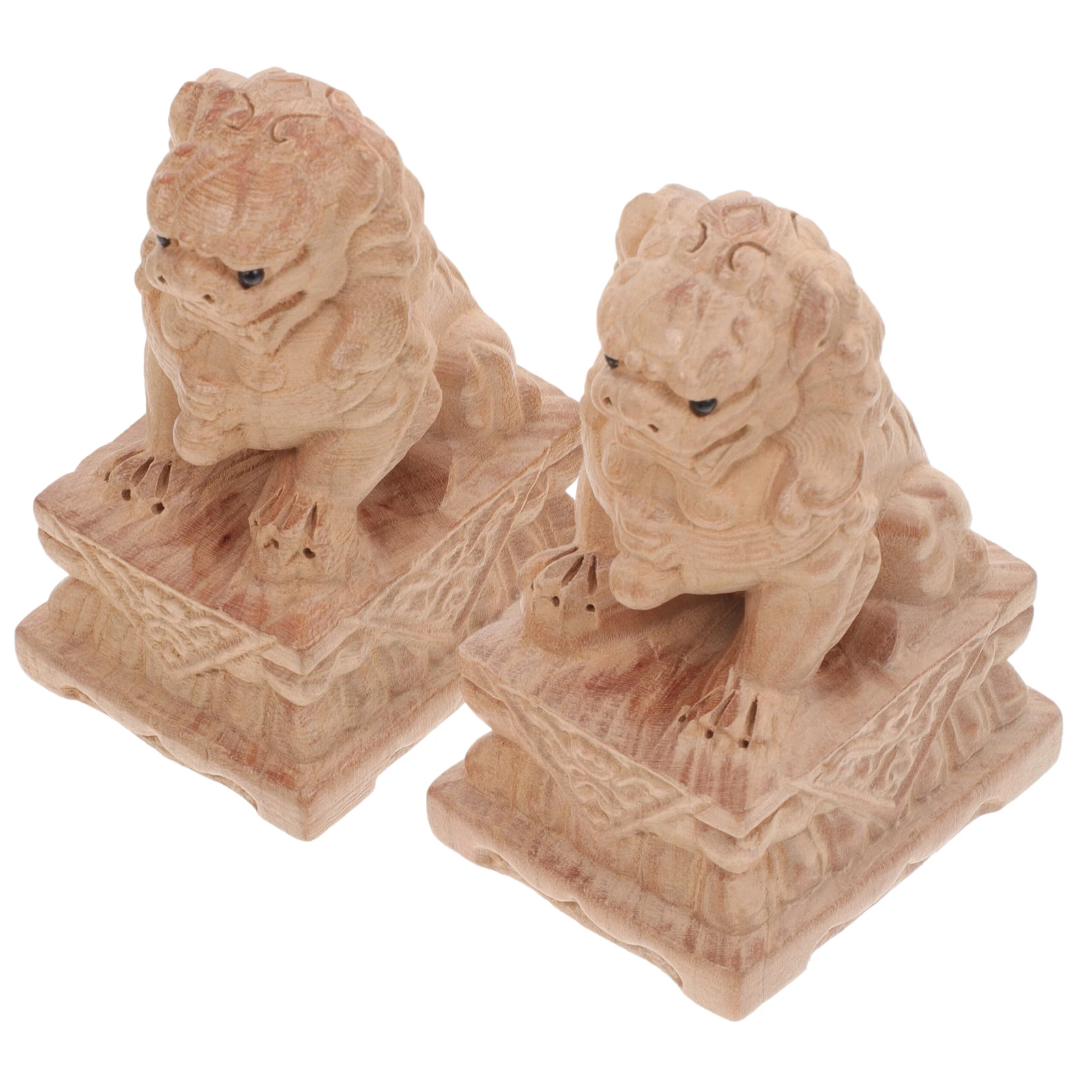 

Wood Carving Lion Ornament 1 Pair Small Animal Statue Decor for Home Tabletop Khaki Color Wood Material Mini Lion