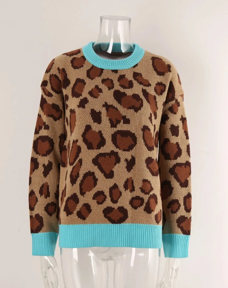 Casual Leopard Print Knitting Sweater Winter Women Pullovers 2024 New Korean Vintage Knit Sweater Pullover Casual Loose Jumper