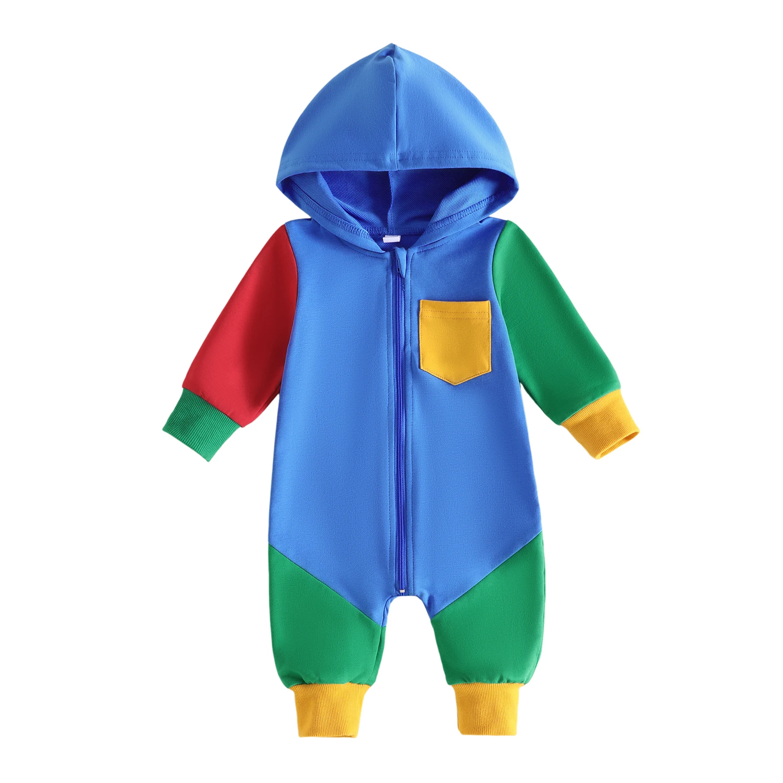 Baby Hooded Jumpsuit Casual Long Sleeve Contrast Color Zip Up Romper