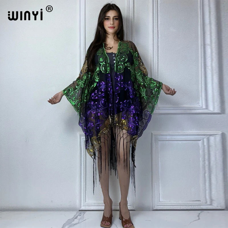 

WINYI Embroidered tassel cardigan Bikini Cover-up Perspective sexy beach outfits for women Evening dress Colorful sequined shawl