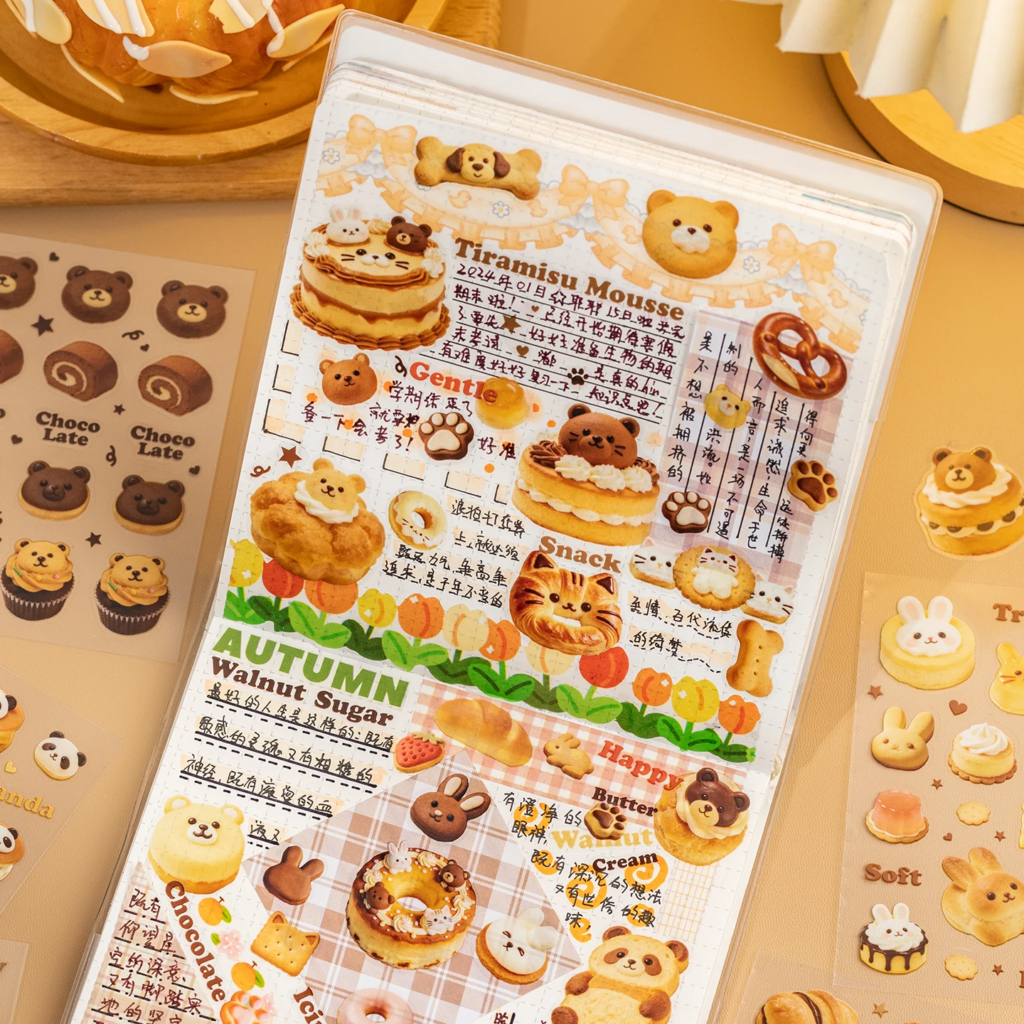 20 feuilles de stickers découpés à l'emporte-pièce, série Baking Story, motifs Kawaii de dessins animés, aliments, animaux, biscuits, gâteaux, pour DIY, journal, scrapbook, esthétique