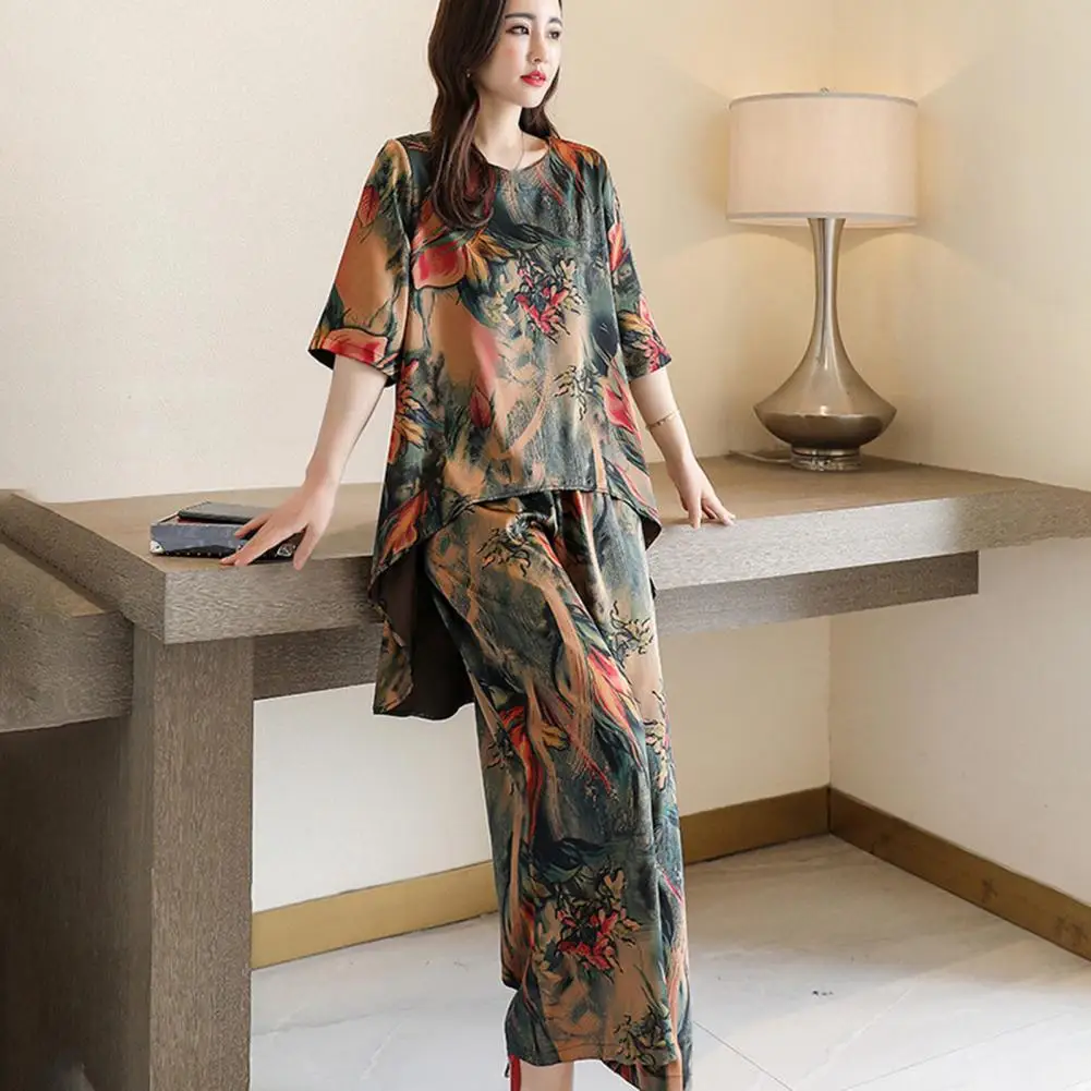 

Футболка и брюки женские свободного кроя с карманами, популярный повседневный комплект из 2 предметов, с широкими штанинами и абстрактным принтом в стиле ретро