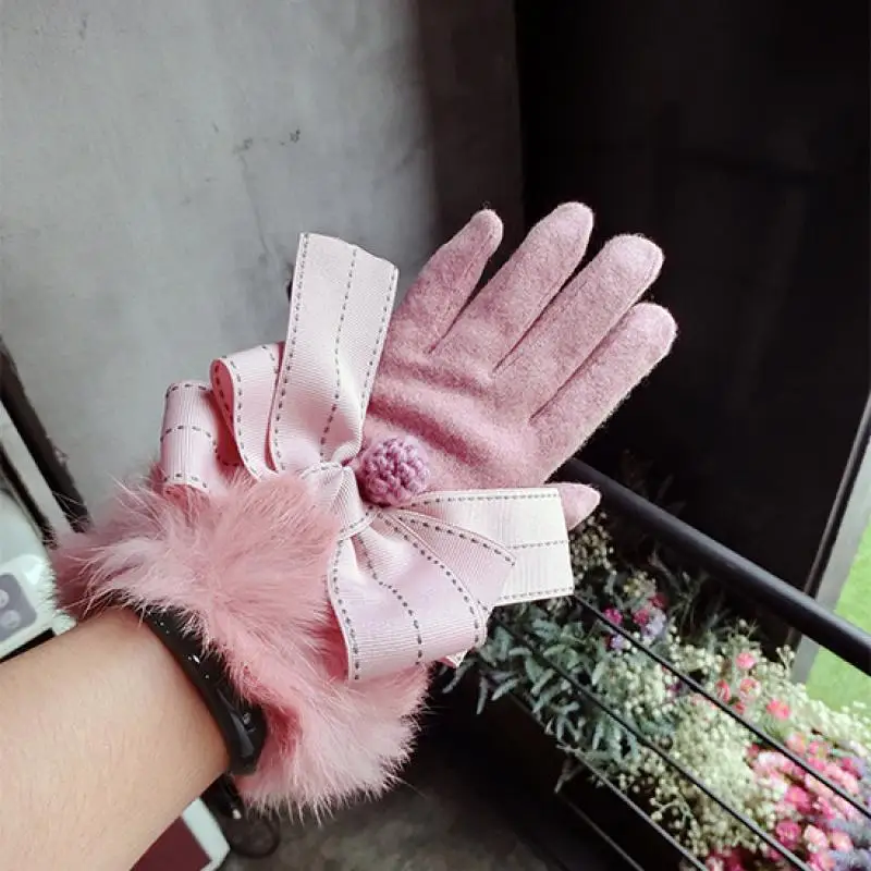 Cashmere Gloves Wool Piece Jump Point Bowknot Hair Ball Fashion Gloves New Korean Touch Screen Five-Finger Warm Gloves