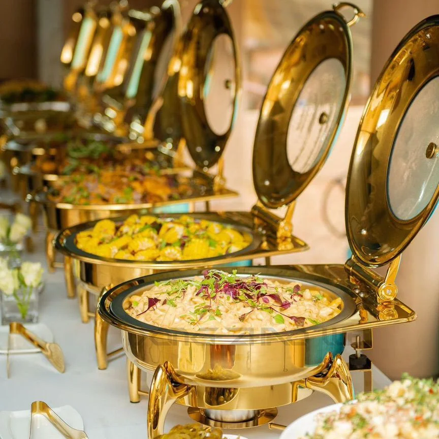 

Wedding cuisine stainless steel buffet stove clock dome soup food heater set circular party hotel gold hotpot