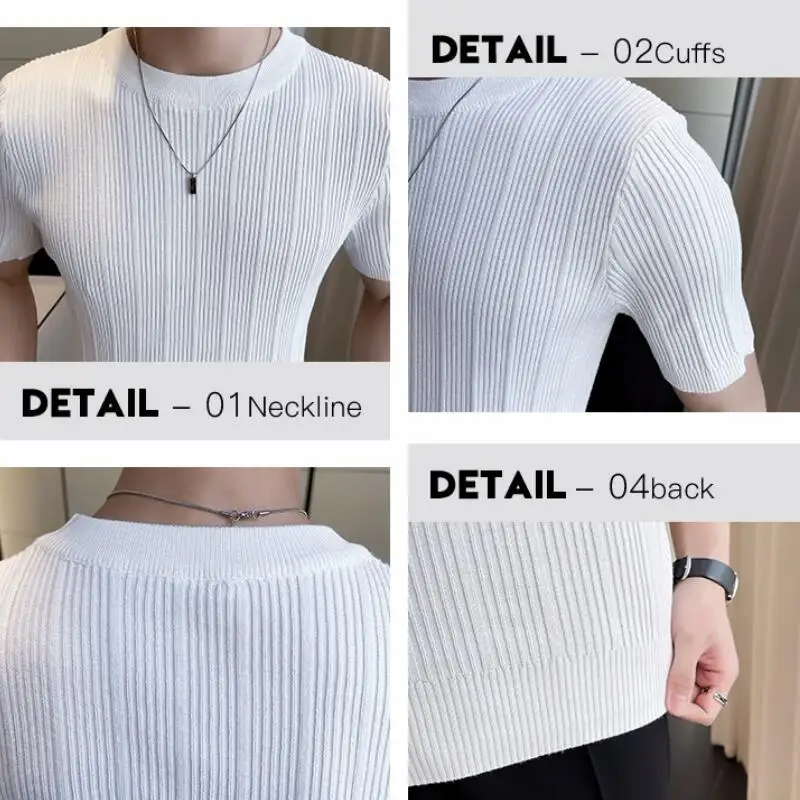 Men Short Sleeve T-Shirt Knitted Pullover 2024 Summer High Elastic Solid Casual Stripe Slim Fit Half High Collar Knit Sweater