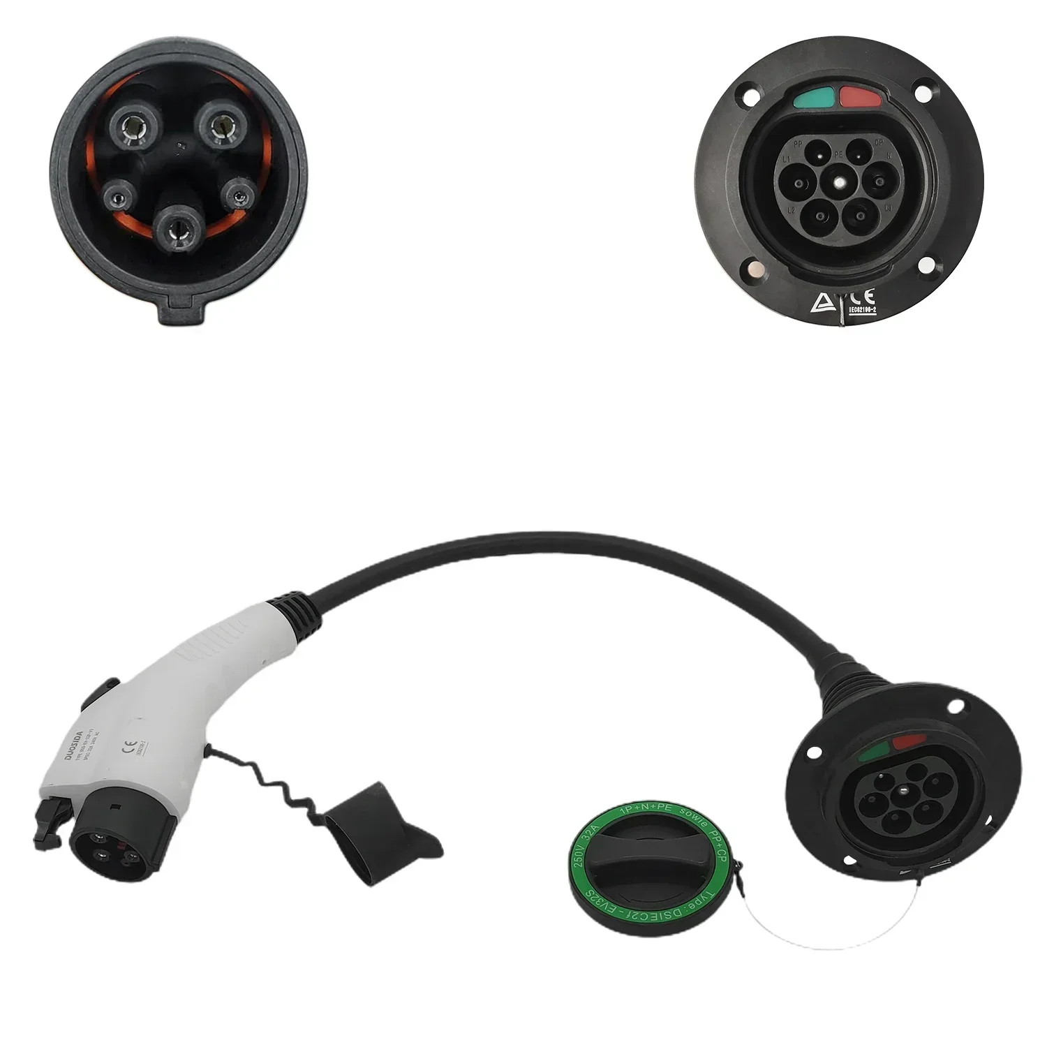 새로운 재고 IEC 62196에서 SAE J1772로 변환 충전기 32A 240V 타입 1 여성 플러그에서 타입 2 남성 소켓으로 1M 전기차 충전 케이블 포함