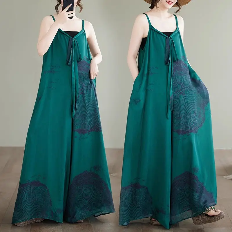 

Лето 2025 г., женский повседневный комбинезон на подтяжках — широкие комбинезоны с принтом, свободный крой, дышащие брюки большого размера G777