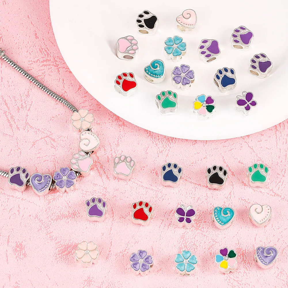 สร้อยคอ สร้อยข้อมือ ลูกปัดเจาะรูลายการ์ตูน ลายอุ้งเท้าหมี ลายดอกไม้ ลายหัวใจ ลูกปัดเจาะรูขนาดใหญ่ อุปกรณ์เสริมแบบเจาะรู