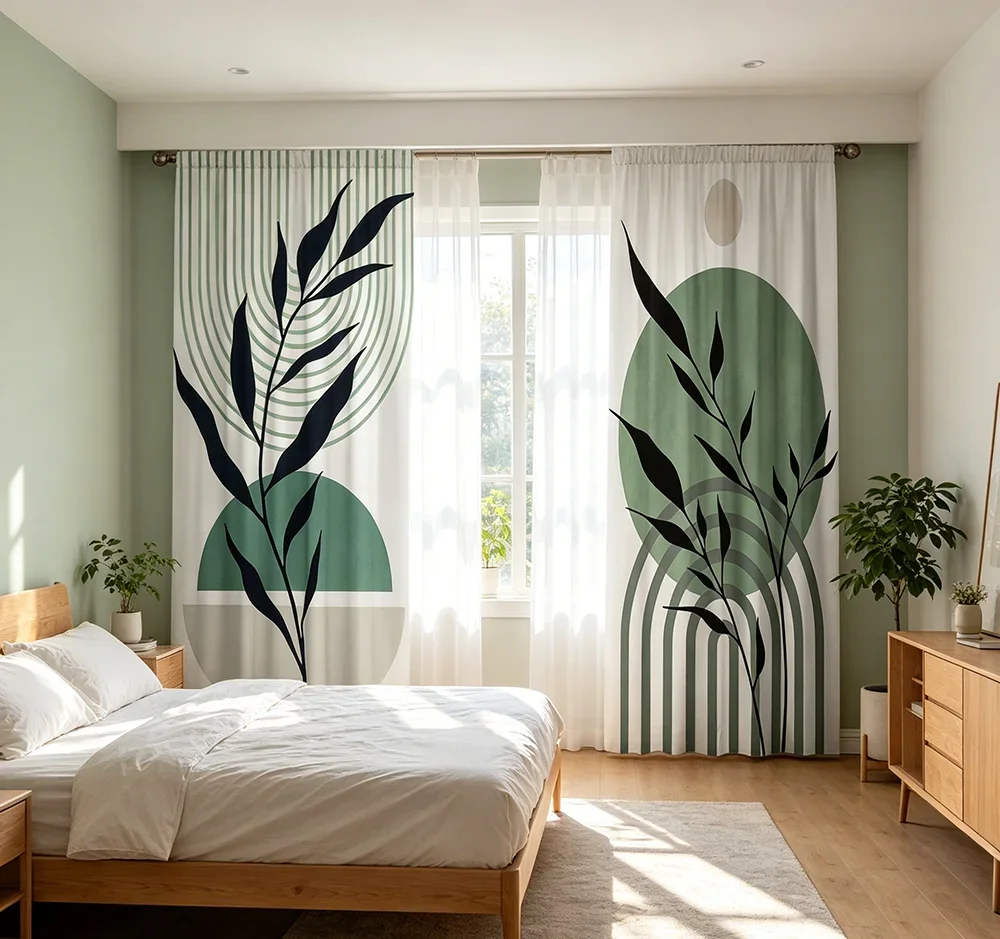 2PCS Digital Printed Curtains, Colliding Green Plants Pattern, Beautiful Window Drapes for Living Room Bedroom Home Decor