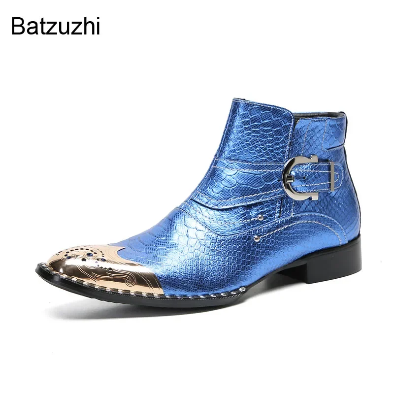

Batzuzhi Italian Type Men's Shoes Boots Gold Metal Toe Blue Leather Ankle Boots Men Zip Fashion Blue Party Boots Botas, US6-12