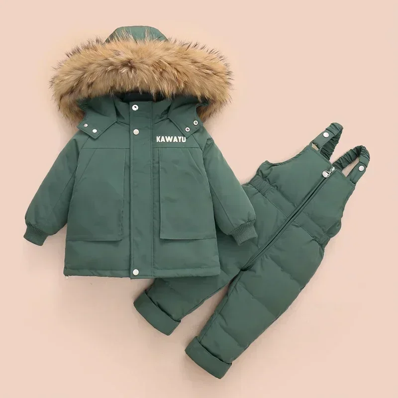 2024 Winter Down Jacket Jumpsuit Baby Boy Parka Real Fur Girl Clothes Children Clothing Set Toddler Thick Warm Overalls Snowsuit