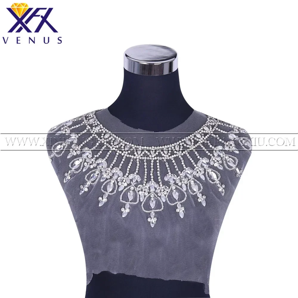 XFX 1 Pcs Handmade Sew on Silver Rhinestones Collar Crystal Applique Design Sewing for DIY Wedding Dress Neckband Quilt Trimming