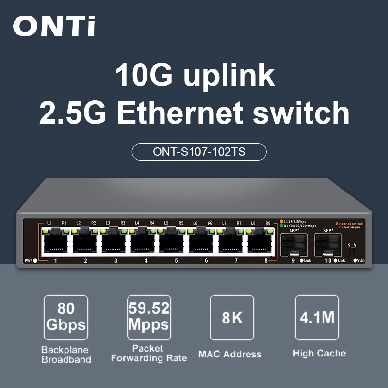 

ONTi 2.5GbE Unmanaged Ethernet Switch 8 Port 2.5GBASE-T Network Switch with 10G SFP+ Port Plug and Play Fanless Homelab Switch