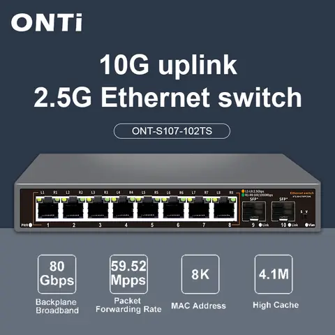 ONTi 2.5Gb Unmanaged Ethernet Switch 8 Port 2.5GBASE-T Network Switch with 10G SFP+ Port Plug and Play Fanless Homelab Switch