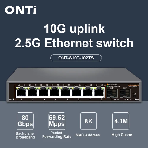 Conmutador Ethernet no administrado ONTi de 2,5 Gb, conmutador de red de 8 puertos 2,5 GBASE-T con puerto SFP + de 10G, conmutador Homelab sin ventilador Plug and Play